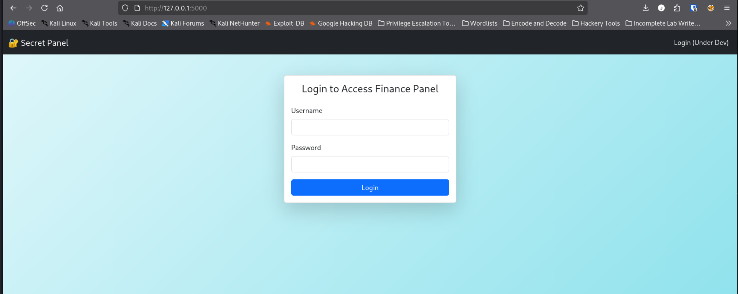 Tourism Secret Finance Panel login page in browser
